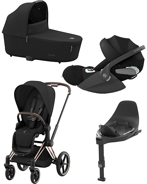 Cybex TRIO Priam4 - Frame Stroller Rosegold with Seat Pack - Carrycot - Car Seat - Sepia Black + Base T Isofix Trio and Duo Strollers