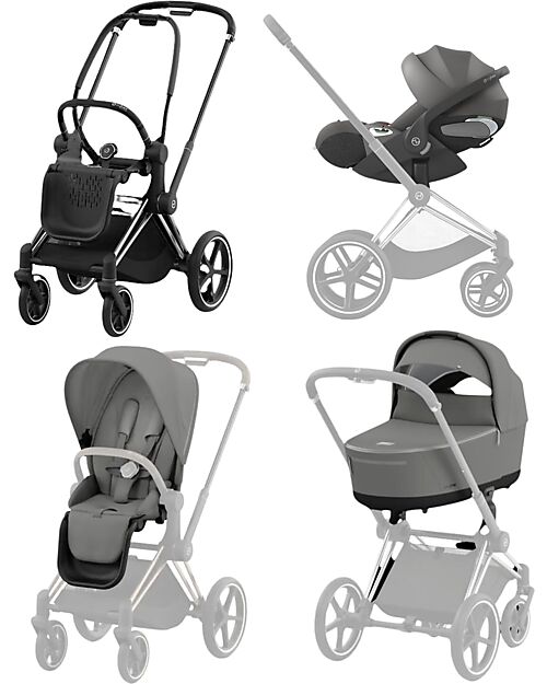 Cybex Trio Priam4 Stroller Carrycot and Cloud T I-Size Car Seat - Chrome Black - Grey Trio and Duo Strollers