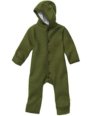 Disana Long Sleeved Boiled Wool Overall - Olive Green - Merino Wool Babygrows