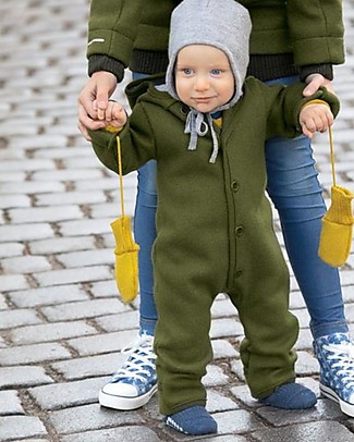 Disana Long Sleeved Boiled Wool Overall - Olive Green - Merino Wool Babygrows