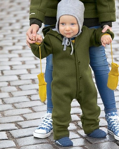 Disana Long Sleeved Boiled Wool Overall - Olive Green - Merino Wool Snowsuits