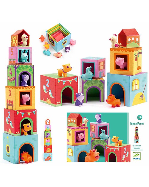 Djeco Blocks for Infants Topanifarm - Includes Blocks + Animals Wooden Blocks and Construction Sets