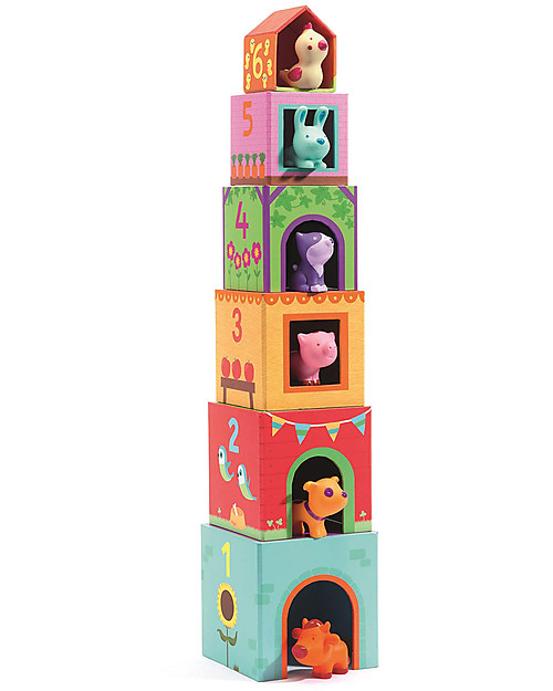 Djeco Blocks for Infants Topanifarm - Includes Blocks + Animals Wooden Blocks and Construction Sets