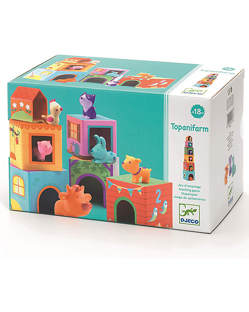 Djeco Blocks for Infants Topanifarm - Includes Blocks + Animals Wooden Blocks and Construction Sets