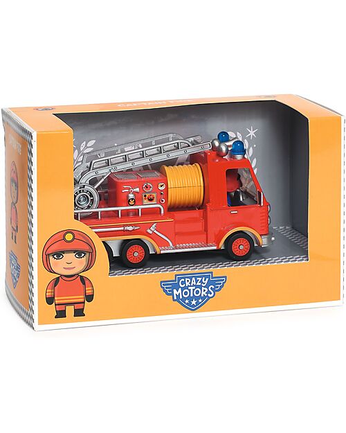 Djeco "Captain Fire" Fire Truck - Metal Vehicle with Suspension, Ladder, and Character Wooden Toy Cars, Trains & Trucks