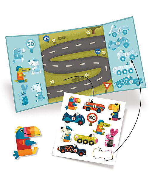 Djeco Creative Kit with Repositionable Stickers - Cars - with FSC® Certified Paper Stickers & Stamps Sets
