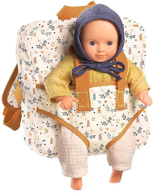 Djeco Doll Backpack Carrier - 23x22x6,5cm - Adjustable Straps and Inside Storage Pocket Dolls Accessories