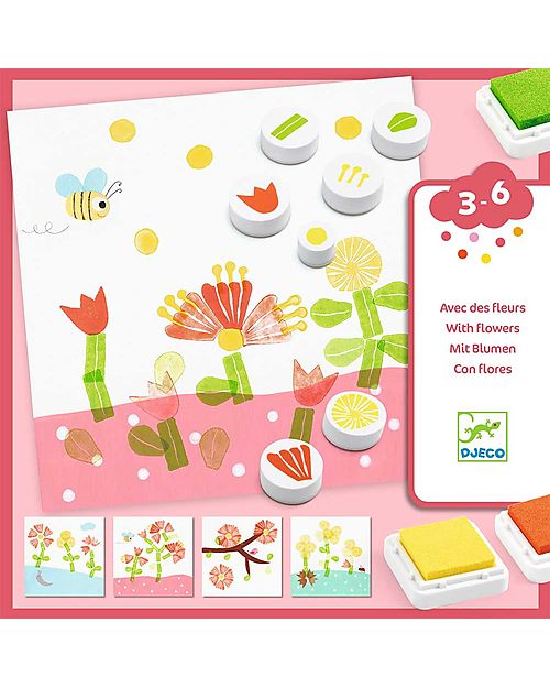 Djeco Flowers Stamp Set - 3 Inks and 7 Stamps - 3+ Stickers & Stamps Sets