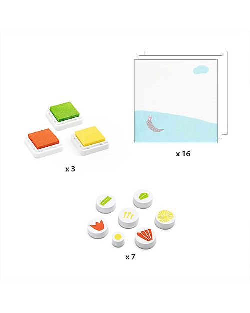 Djeco Flowers Stamp Set - 3 Inks and 7 Stamps - 3+ Stickers & Stamps Sets