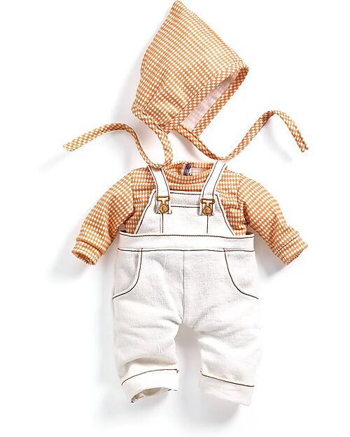 Djeco Pair of Dungarees, Top and Bonnet for Pomea Doll - Cannelle - Easy to Wear Dolls Accessories