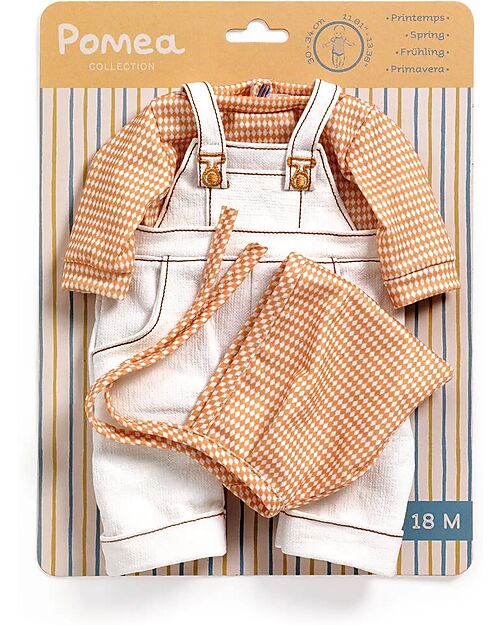 Djeco Pair of Dungarees, Top and Bonnet for Pomea Doll - Cannelle - Easy to Wear Dolls Accessories