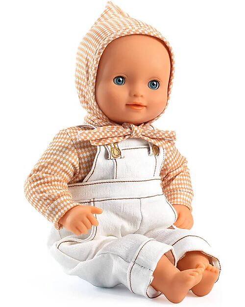 Djeco Pair of Dungarees, Top and Bonnet for Pomea Doll - Cannelle - Easy to Wear Dolls Accessories