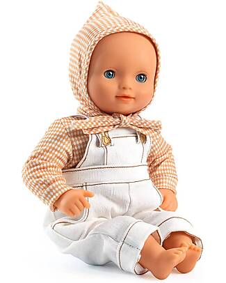 Djeco Pair of Dungarees, Top and Bonnet for Pomea Doll - Cannelle - Easy to Wear Dolls Accessories