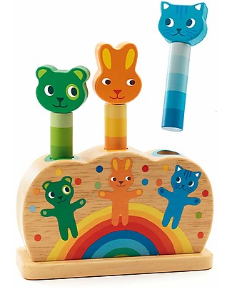 Djeco Pop up Toy Pipop Pidoo - Push the Animal Down for Bouncing Wooden Stacking Toys