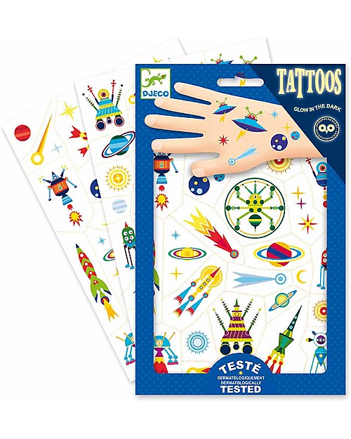 Djeco Removable Tattoos for Children - Space Oddity - Dermatologically Tested Children's Tattoos