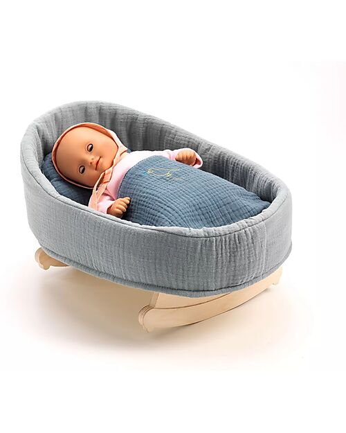 Djeco Rocking Cradle for Pomea Doll in Cotton - 39x20x27cm - Includes Pillow and Blanket Dolls Accessories