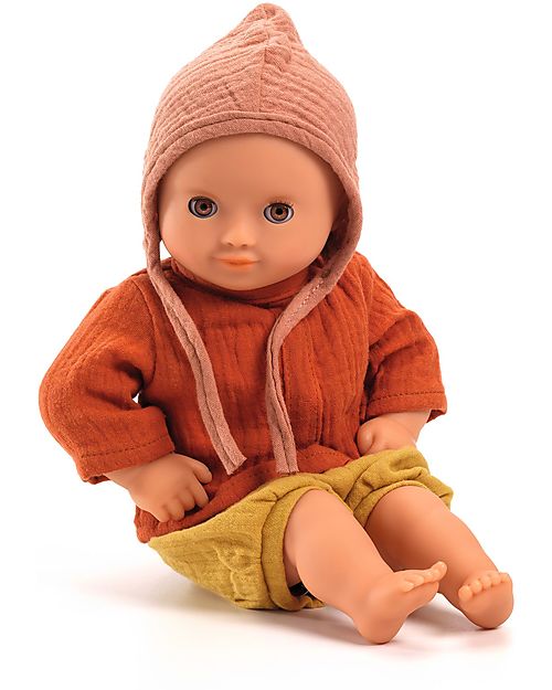 Djeco Shorts Shirt and Hat for Pomea Doll - Mandarine - Easy to Wear Dolls Accessories