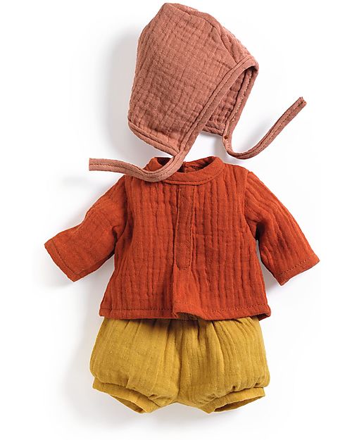 Djeco Shorts Shirt and Hat for Pomea Doll - Mandarine - Easy to Wear Dolls Accessories