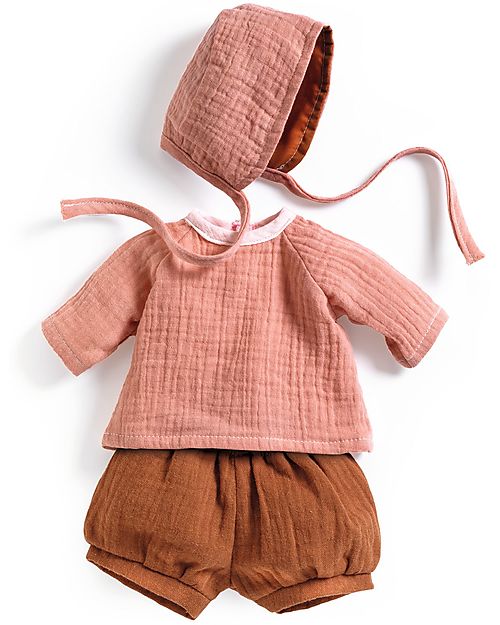 Djeco Shorts Shirt and Hat for Pomea Doll - Peach - Easy to Wear Dolls Accessories