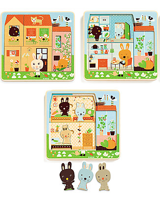 Djeco Wooden Puzzle in 3 Levels - Rabbit House Story Making Games