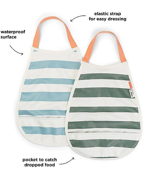 Done By Deer 2-Pack Waterproof Stripes Bib - Blue and Green - with Pocket! Waterproof Bibs