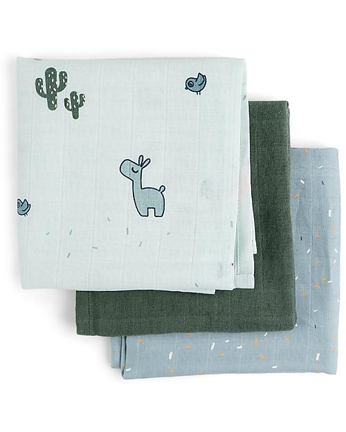 Done By Deer 3-pack Burp Cloth Lalee the Llama - Blue - 70x70 cm - 100% cotton GOTS Burpy Bibs