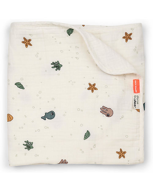 Done By Deer Baby Blanket - Sea Friends Beige - 100 x 100 cm  - Organic Cotton Muslin Swaddle