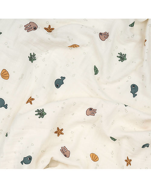 Done By Deer Baby Blanket - Sea Friends Beige - 100 x 100 cm  - Organic Cotton Muslin Swaddle