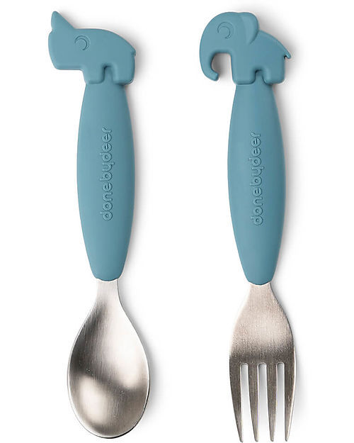 Done By Deer Easy Grip Cutlery Set - Fork and Spoon - Blue - Silicone Food Grade and Stainless steel Cutlery