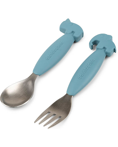 Done By Deer Easy Grip Cutlery Set - Fork and Spoon - Blue - Silicone Food Grade and Stainless steel Cutlery