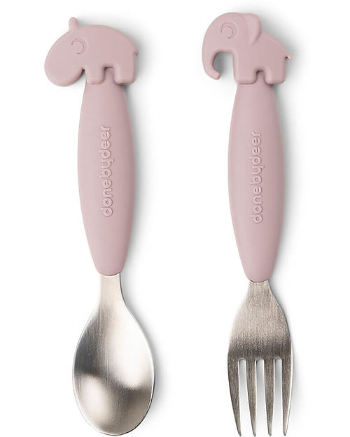 Done By Deer Easy Grip Cutlery Set - Fork and Spoon - Powder - Silicone Food Grade and Stainless steel Cutlery