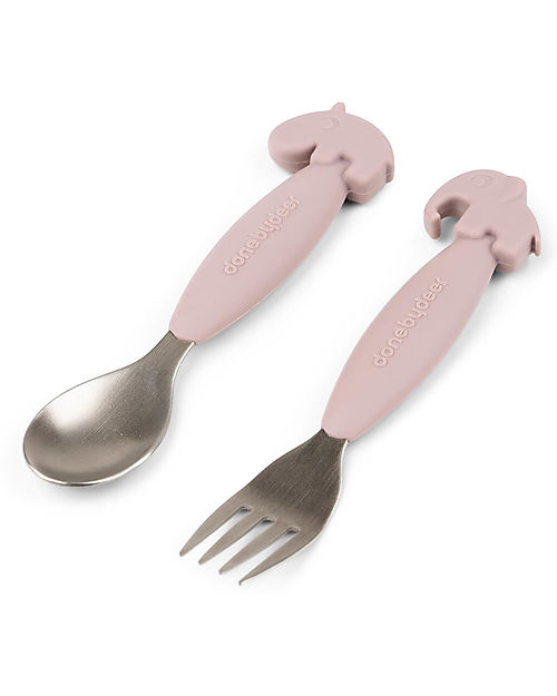 Done By Deer Easy Grip Cutlery Set - Fork and Spoon - Powder - Silicone Food Grade and Stainless steel Cutlery
