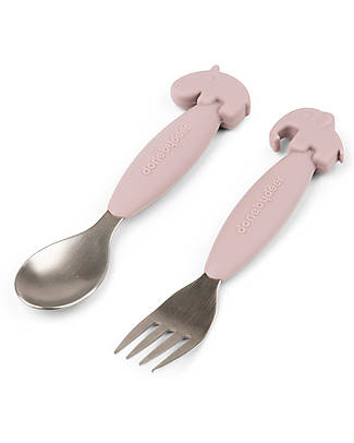 Done By Deer Easy Grip Cutlery Set - Fork and Spoon - Powder - Silicone Food Grade and Stainless steel Cutlery