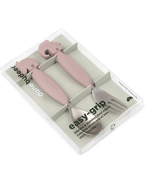Done By Deer Easy Grip Cutlery Set - Fork and Spoon - Powder - Silicone Food Grade and Stainless steel Cutlery