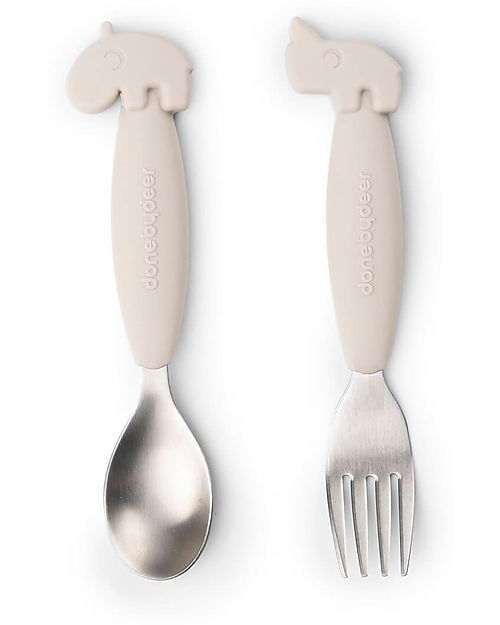 Done By Deer Easy Grip Cutlery Set - Fork and Spoon - Sand - Silicone Food Grade and Stainless steel Cutlery