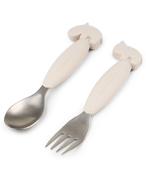 Done By Deer Easy Grip Cutlery Set - Fork and Spoon - Sand - Silicone Food Grade and Stainless steel Cutlery