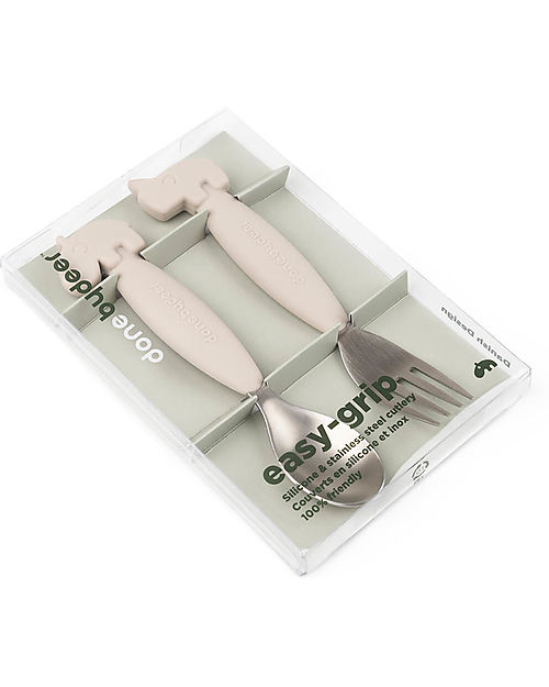 Done By Deer Easy Grip Cutlery Set - Fork and Spoon - Sand - Silicone Food Grade and Stainless steel Cutlery