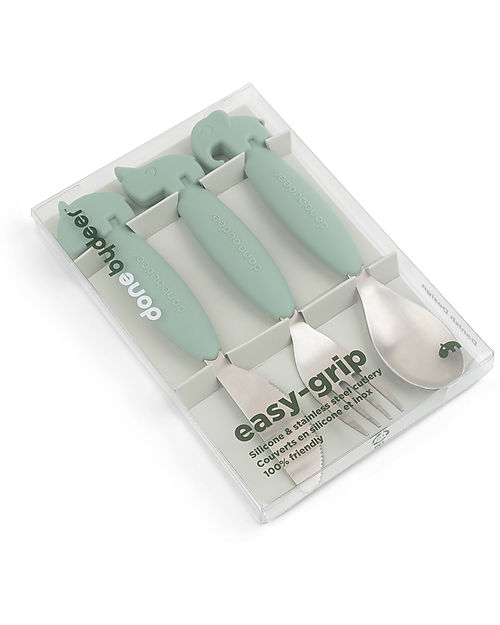 Done By Deer Easy Grip Cutlery Set - Fork, Knife and Spoon - Green - Silicone Food Grade and Stainless steel Cutlery