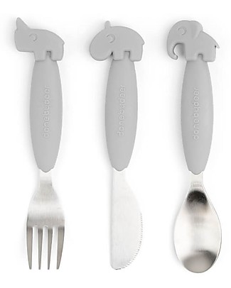 Done By Deer Easy Grip Cutlery Set - Fork, Knife and Spoon - Grey - Silicone Food Grade and Stainless steel Cutlery