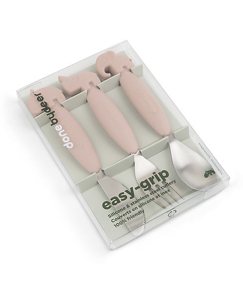 Done By Deer Easy Grip Cutlery Set - Fork, Knife and Spoon - Powder - Silicone Food Grade and Stainless steel Cutlery