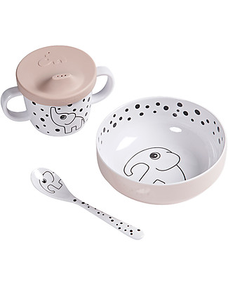 Done By Deer First Meal Dinner Set Happy Dots, Powder - Includes bowl, spoon and spout cup Meal Sets