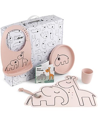 Bamboom Baby Food Set - Bib + Bowl + Spoon + Glass with Spout - Pink -  Antibacterial Silicone unisex (bambini)