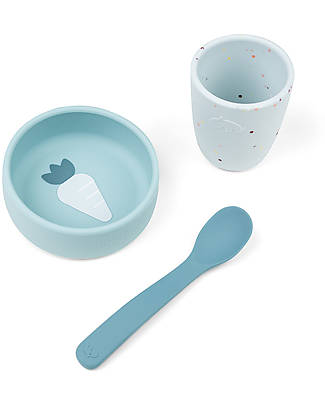 Bamboom Baby Food Set - Bib + Bowl + Spoon + Glass with Spout - Pink -  Antibacterial Silicone unisex (bambini)