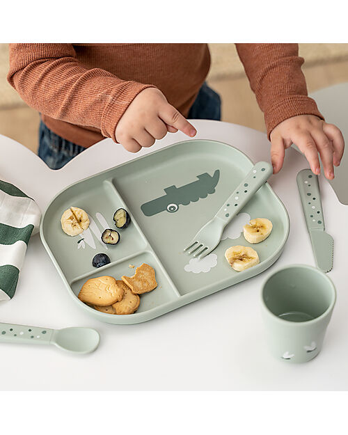 Done By Deer Foodie Compartment Plate - Croco Green - 100% Food-Grade PP Bowls & Plates