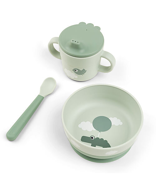 Done By Deer Foodie First Meal Set - Bowl Cup and Spoon - Happy Clouds - Green - 100% food grade PP Meal Sets