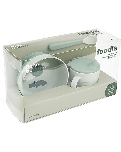 Done By Deer Foodie First Meal Set - Bowl Cup and Spoon - Happy Clouds - Green - 100% food grade PP Meal Sets