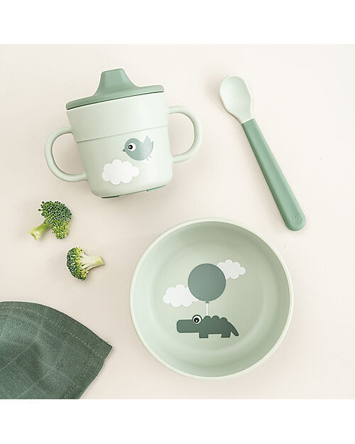 Done By Deer Foodie First Meal Set - Bowl Cup and Spoon - Happy Clouds - Green - 100% food grade PP Meal Sets