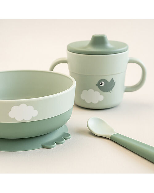 Done By Deer Foodie First Meal Set - Bowl Cup and Spoon - Happy Clouds - Green - 100% food grade PP Meal Sets