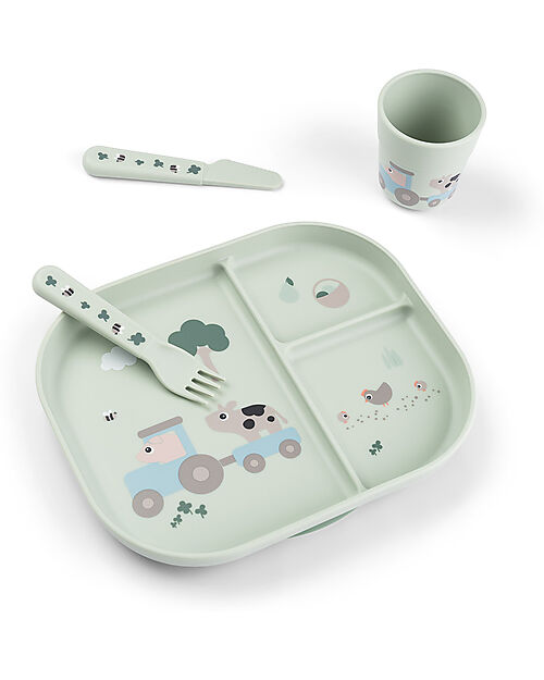 Done By Deer Foodie Meal Set - Plate, Cup, and Cutlery - Tiny Farm - Green - 100% Food-Grade PP Meal Sets