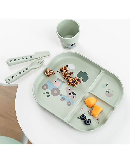 Done By Deer Foodie Meal Set - Plate, Cup, and Cutlery - Tiny Farm - Green - 100% Food-Grade PP Meal Sets